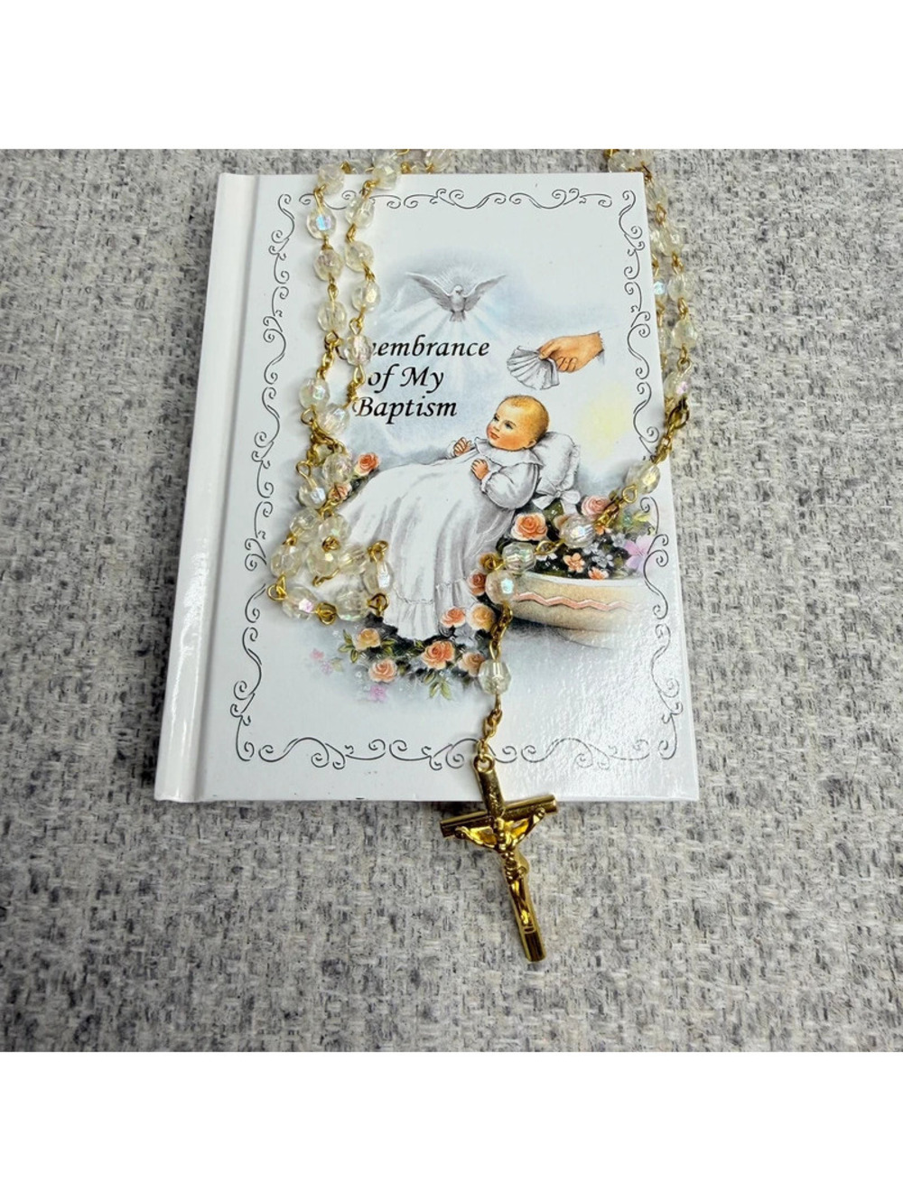 Baptism Keepsake Book with Crystal Rosary Crucifix Religious Catholic Gift